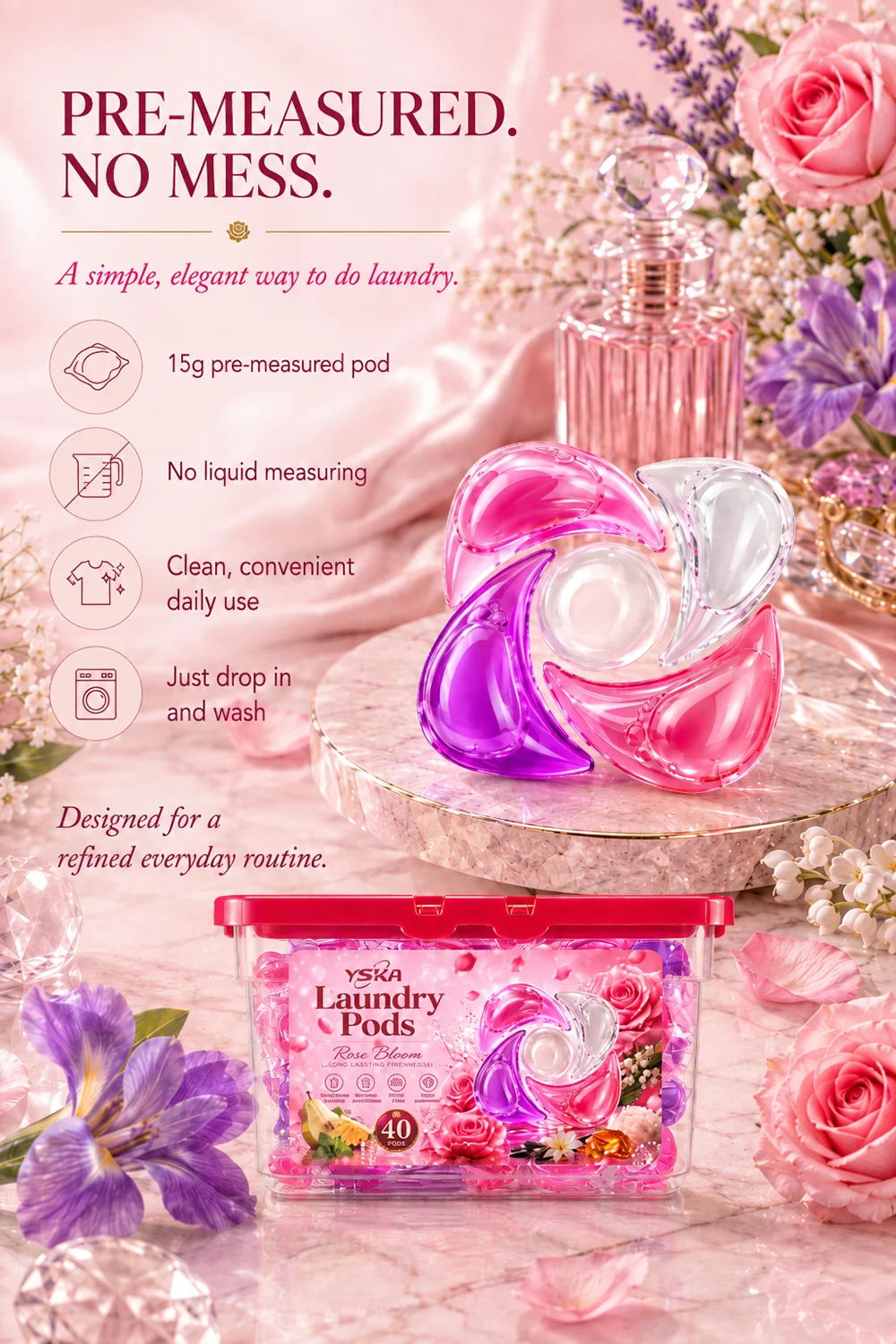 YSKA Rose Bloom 5-Chamber Laundry Pods 4 Pre-measured 15g YSKA Rose Bloom five-chamber laundry pod