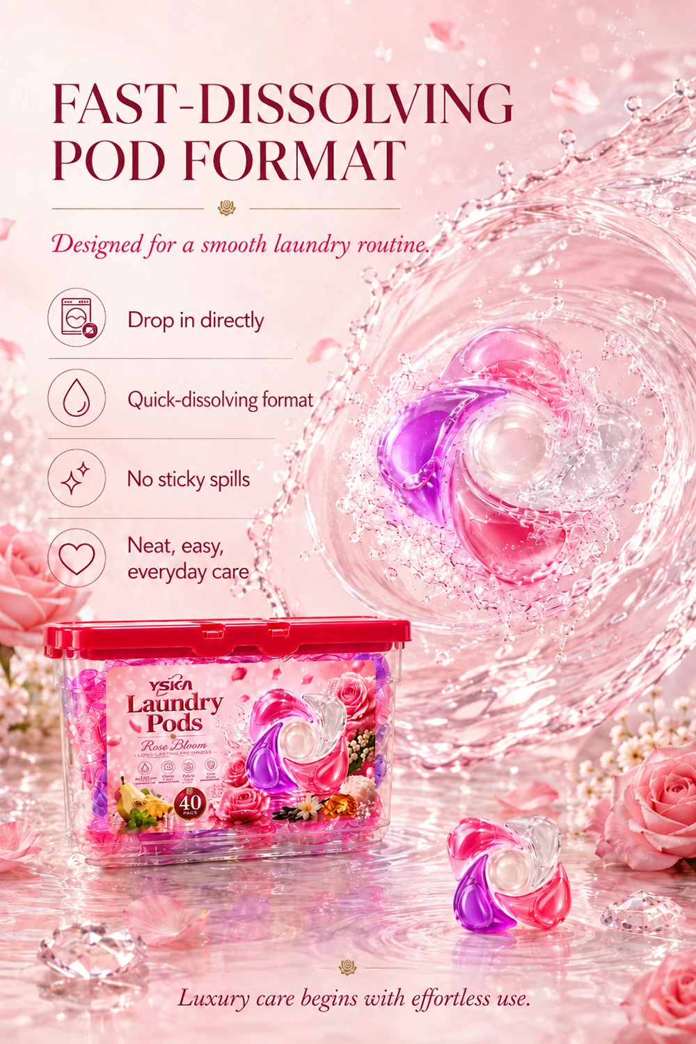 YSKA Rose Bloom 5-Chamber Laundry Pods 6 Fast-dissolving five-chamber Rose Bloom laundry pod format