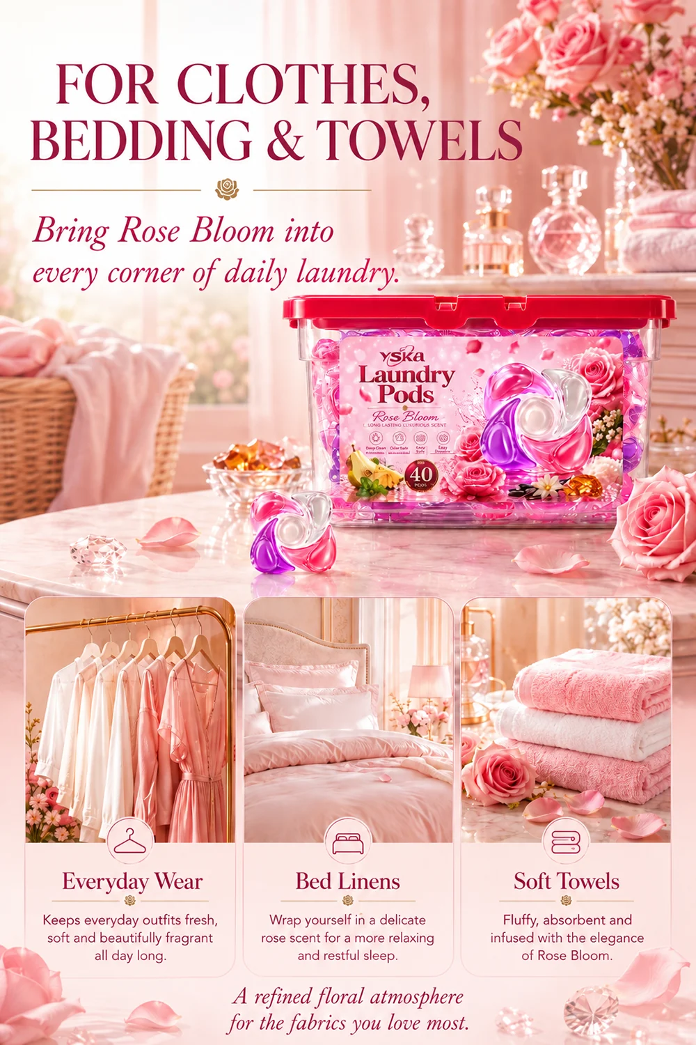 YSKA Rose Bloom 5-Chamber Laundry Pods 7 Rose Bloom laundry pods for clothes bedding and towels
